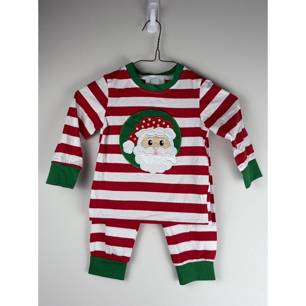 Little Lovely Smocks Striped Christmas Santa Applique Pajama Set Size 2
